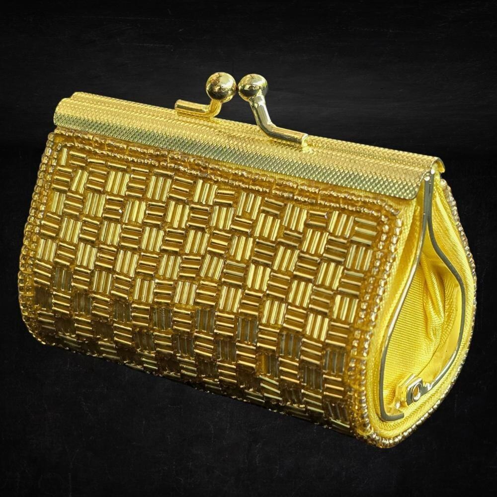 Vintage Mary McFadden Gold Beaded Mini Coin Purse Kiss Lock with COA